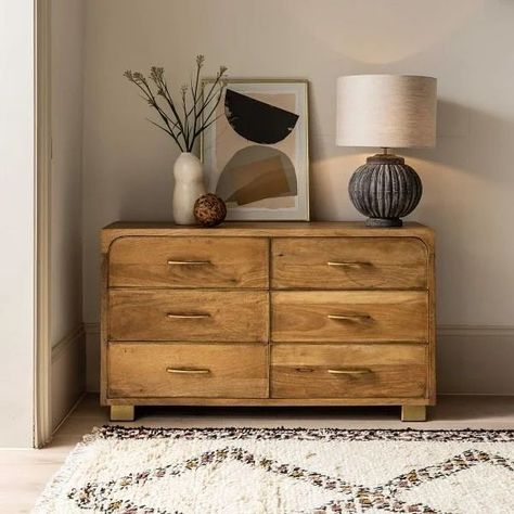 Atkin and Thyme on Instagram: "Introducing our Miro 6 Drawer Chest.   A timeless addition to our classic bedroom cabinetry range. Crafted to withstand the test of time, the Miro Chest of Drawers is a standout piece made from solid mango wood. Featuring intricate inset brass foil design details on the drawers and feet, this six-drawer chest offers ample storage for clothes and accessories.  The natural finish of the wood highlights its unique grain patterns, knots, and color variations, creating a truly individual piece. Handmade with care, each Miro Chest of Drawers is subtly distinct, adding to the allure of this furniture range. Add a touch of luxury and elegance to your bedroom with the Miro collection.  #home #homedecor #homedesign #interiordesign #interjor #interiordecor #interiorfori Bedroom Chest Of Drawers Decor Ideas, Drawer Decor Ideas, Bedroom Cabinetry, Chest Of Drawers Decor, Diy Furniture Restoration, Storage For Clothes, Console Chest, Large Chest Of Drawers, Wide Chest Of Drawers