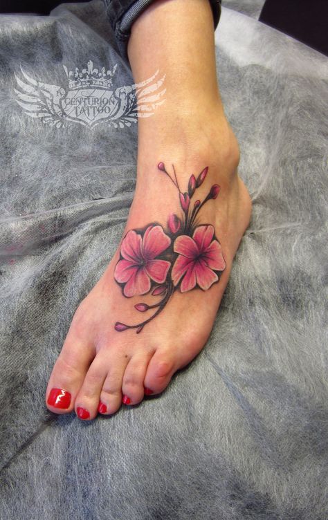 cherry blossom foot tattoo Hawaiian Tattoo Meanings, Tato Irezumi, Lotusblume Tattoo, Hawaiian Flower Tattoos, Dragons Tattoo, Tattoo Foot, Polynesian Tattoos, Marquesan Tattoos, Foot Tattoos For Women