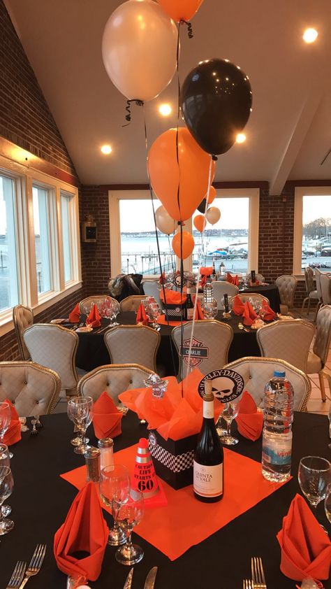 Harley Davidson Party Ideas For Men, Motorcycle Themed Birthday Party For Men, Harley Party Decorations, Harley Davidson Party Decorations, Harley Davidson 60th Birthday Party, Motorcycle Centerpiece Ideas, Harley Davidson Centerpieces Ideas, Harley Davidson 50th Birthday Party, Harley Davidson Birthday Party Ideas