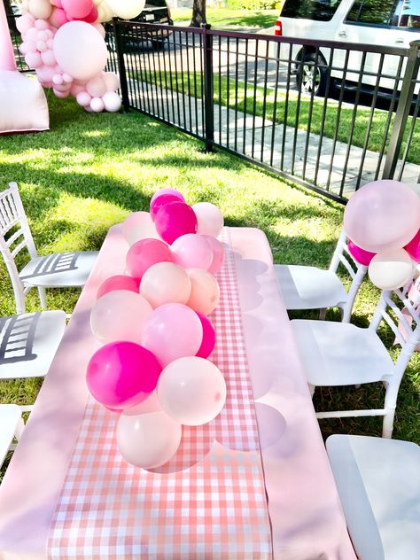 Gingham Party Decor Picnic Theme, Pink And White Gingham Party, Pink Gingham 1st Birthday, Pink Picnic Table Cloth, Pink Gingham Party, Picnic Parties, Baby Q Shower, Backyard Bbq Party, Party Chairs