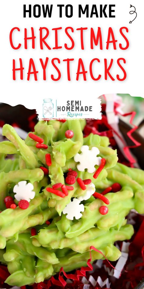 Christmas Haystacks Candy is an old fashioned vintage candy that people around here have been making for decades. This festive and easy Christmas dessert combines chow mein noodles, white chocolate and green coloring together with holiday sprinkles for a super cute treat. Christmas Haystacks Recipe, Christmas Treat Packaging Ideas, Christmas Haystacks, Haystack Candy, Semi Homemade Recipes, Holidays Treats, Chocolate Haystacks, Haystacks Recipe, Butterscotch Recipes