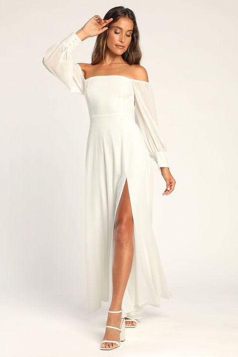 Feel the Romance White Off-the-Shoulder Maxi Dress | Lulus (US) White Engagement Dresses, Bridal Maxi Dress, Lulus Dresses, Balloon Sleeve Dress, Engagement Dresses, White Off Shoulder, A Fairy Tale, Maxi Dress Navy, White Maxi