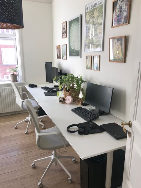 Apartment Office 2 Desks, His And Hers Office Small, Couple Shared Office, Home Office For Two Inspiration, Husband And Wife Shared Home Office, Two Desks In Living Room, Ikea Desk For 2, Duo Office Work Spaces, 2 Desks In Bedroom