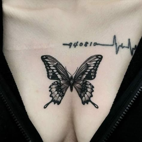 Throat Tattoo Butterfly, Alt Butterfly Tattoo, Black Swallowtail Butterfly Tattoo, Grunge Butterfly Tattoo, Blackwork Butterfly Tattoo, Swallowtail Tattoo, Edgy Butterfly Tattoo, Creative Butterfly Tattoo, Black And Grey Butterfly Tattoo