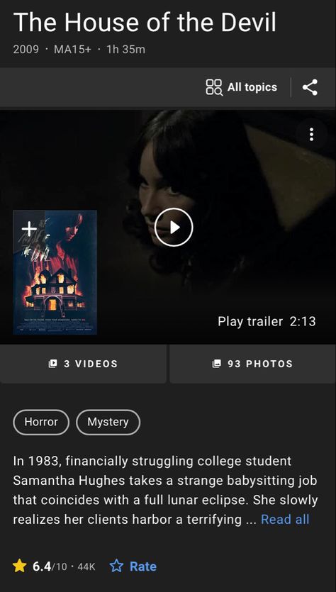 I loved the production and aesthetic of this film but it felt like nothing happened until the last 20 minutes. And alot of horror films follow that formula but with this one it really was an hour of the protagonist walking around the house with a knife whenever she heard a strange noise. That being said, in the scenes where things did occur it was quite well done and creepy. Southern Gothic Movies, Haunting In Connecticut Movie, Horror Movies On Youtube, Babysitting Jobs, Horror Dvds Aesthetic, High Roller, Vhs To Dvd, College Students, Horror Films