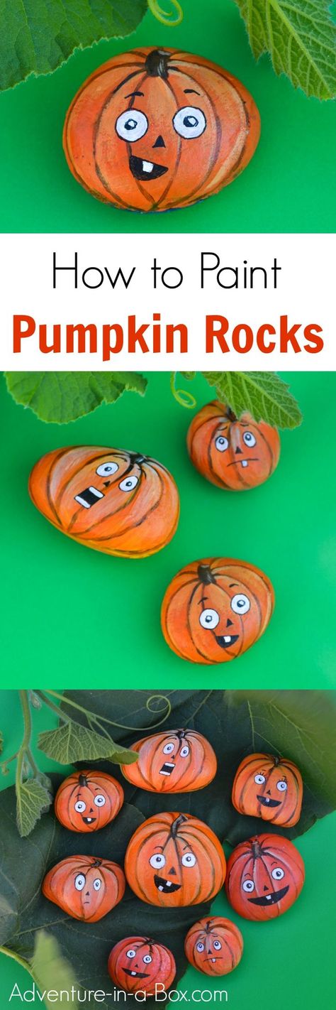 If you like painting rocks, here is a fun autumn craft for you and the kids - turn rocks into jack-o-lantern pumpkins! Also great for Halloween decorations. Pumpkin Rocks, River Stones Crafts, Fun Fall Crafts, Art Pierre, Halloween Rocks, Autumn Crafts, Paint Rock, Rock Painting Designs, Stone Crafts