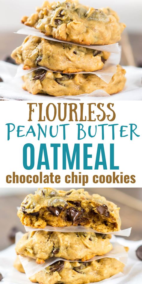 Flourless Peanut Butter Chocolate Chip Cookies, Peanut Butter Oatmeal Chocolate Chip, Peanut Butter Oatmeal Chocolate Chip Cookies, Cookies Sans Gluten, Butter Oatmeal Cookies, Flourless Cookies, Biscuits Diététiques, Gluten Free Chocolate Chip Cookies, Gluten Free Peanut Butter