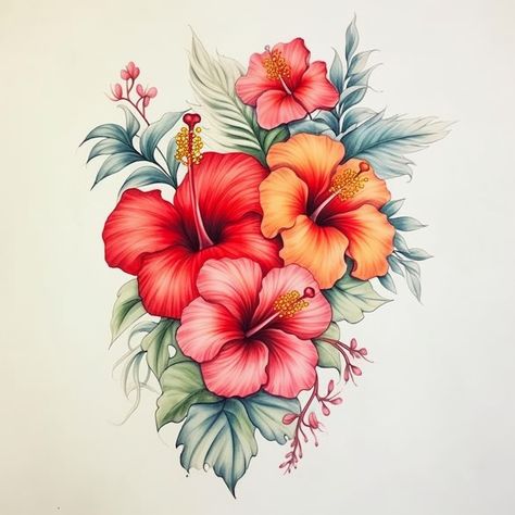 Hibiscus Tattoo Design, Exotic Flower Tattoos, Tropical Flower Tattoos, Hawaiian Flower Tattoos, Plumeria Tattoo, Hibiscus Flower Tattoos, Watercolor Tattoo Ideas, Tattoo Design For Women, Flores Tattoo