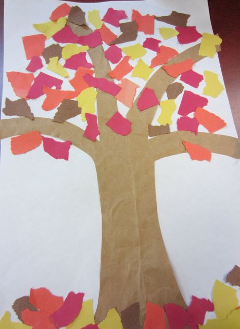 Autumn Tree: Cut the tree from a paper grocery bag. Glue it onto a large sheet of construction paper. Create leaves by tearing autumn colored construction paper into pieces. Glue the torn pieces on the tree and around the base. This is a great craft for very young groups if you precut the trees. The paper tearing is the fun part! Paper Tearing Art For Kids, Tree Construction Paper, Fall Crafts For Toddlers, Toddler Projects, Friendship Activities, Preschool Fine Motor Activities, Holiday Homework, Toddler Themes, Thanksgiving Tree