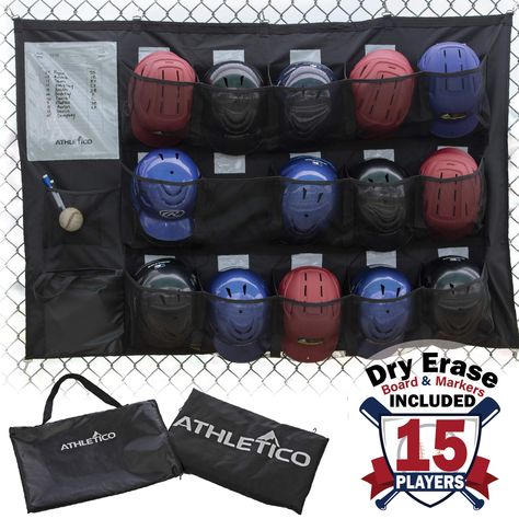 PRICES MAY VARY. 600D Polyester DUGOUT ORGANIZATION FOR UP TO 15 PLAYERS - 15 XL deep pockets to organizer your team's equipment, including baseball / softball / teeball helmets and catching mitts or gloves BUILT-IN DRY ERASE LINEUP CARD - Lineup card with 2 dry erase markers included. Post your lineup card for the whole team to see. Separate name tags over each slot allow for easy organization of game day gear. EASILY HANGS ON MOST DUGOUT FENCES - Features 7 metal fence hooks (5 upper & 2 lower Dugout Organization, Tee Ball Mom, Baseball Dugout, Softball Outfits, Helmet Bag, Baseball Helmet, Team Organization, Lacrosse Sticks, Batting Gloves