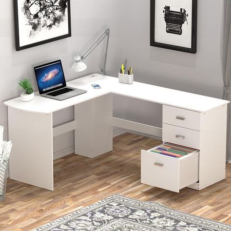 PRICES MAY VARY. L-shaped corner computer desk saves space in home office, dorm room Material: wood grain laminated environmentally friendly particle board. Two stationery drawers and one filing drawer. The file drawer accommodates letter-size files. Easy to Assembly, step by step instruction and hardwares included Measures 59" W x 51" D x 28 " H SHW L-Shaped Home Office Wood Corner Desk with 3 Drawers, White Home Office Wood, Budget Bedroom Makeover, Wood Corner Desk, Corner Drawers, White Home Office, Office Wood, In Home Office, Corner Computer Desk, File Drawer