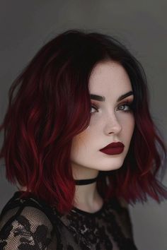 Smokey Red Hair, 2024 Haircolors, Red Hair Strands, Red To Black Hair, Red Hair Black Roots, Black And Red Hair Short, Dark Red And Black Hair, Rich Dark Hair, Short Dark Red Hair