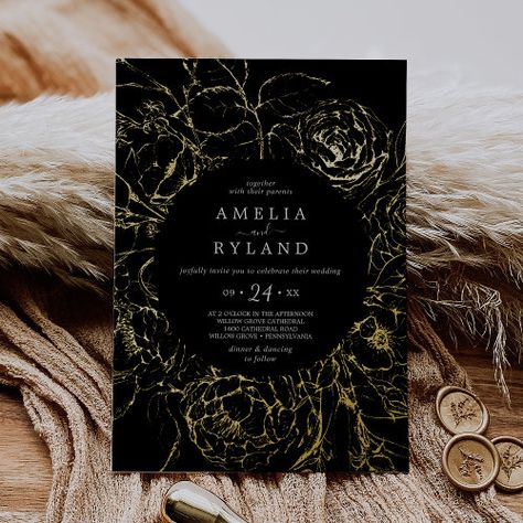 $3.95 | Gilded Floral | Gold Foil Black Casual Wedding - floral printed wedding, modern foil pressed wedding, elegant first names only wedding, boho foil stamped wedding, whimsical gold foil botanical k084, classic bohemian drawn wildflower leaves, vintage casual wedding, fancy flower plant, romantic gold foil winter fall, rustic dark black gold white Black And Gold Wedding Invitations, Whimsical Arrangement, Popular Wedding Invitations, Wedding Fancy, Black And Gold Wedding, Leaves Vintage, Gold Foil Wedding Invitations, Black And White Wedding Invitations, Drawn Flowers