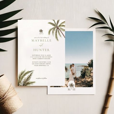 Tropical Watercolor Palm Trees Boho Wedding Photo Invitation Boho Tropical Wedding, Palm Tree Wedding Invitations, Tree Monogram, Wedding Invitation Message, Popular Wedding Invitations, Wedding Announcement Cards, Tree Wedding Invitations, Tropical Beach Wedding, Tropical Watercolor