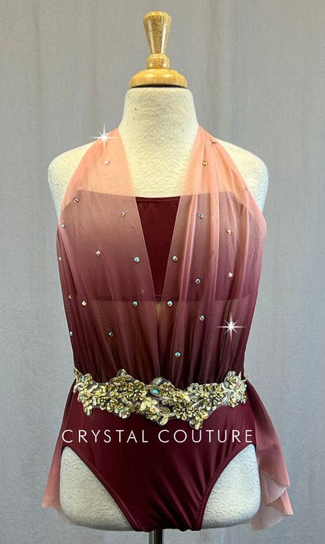 Maroon Dance Costumes, Mesh Top Layering, Ombre Twist, Halter Leotard, Trio Costumes, Sequin Jewelry, Costumes Couture, Gold Applique, Dance Costumes Lyrical