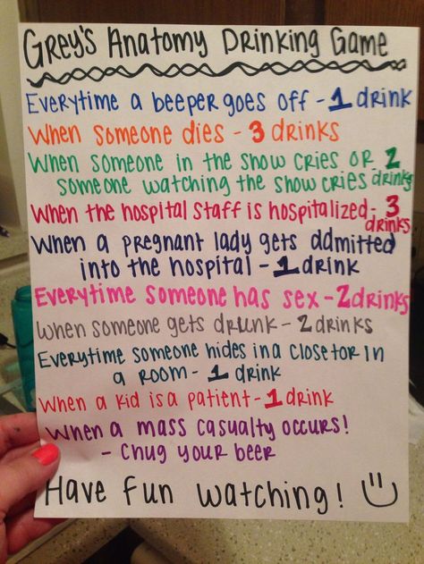 Grey's anatomy drinking game ;) perfect for any season :) Ideas For Girls Night, Movie Drinking Games, Drunk Games, Girls Night Movies, Alcohol Games, Teen Party Games, Drinking Games For Parties, Fun Drinking Games, When Someone Dies