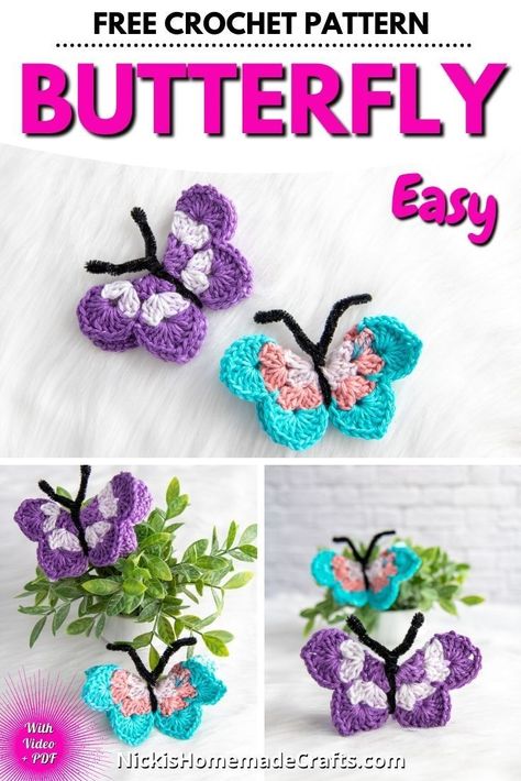 Football Crochet, Crochet Butterfly Free Pattern, Slip Stitch Crochet, Crochet Butterfly Pattern, Butterfly Tutorial, Applique Tutorial, Crochet Animal Amigurumi, Crochet Butterfly, Quick Crochet