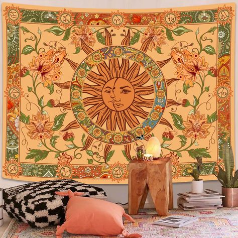 PRICES MAY VARY. 【Fun design】The orange burning sun floral tapestry adopts a unique design, whether the wall tapestry is used as a bedroom tapestry or a living room tapestry. 【High quality】100%Polyester, skin-friendly,light weight. 【Gift】A wonderful gift choice.35''high × 47''wide, 50''high × 60''wide, 60''high × 80''wide, 【Easy to use】Hang this art tapestry with decorative tacks or push pins easily. Or can be used as tablecloths, wall hanging, dormitory decorations, picnic sheets, beach shawls, Constellation Aesthetic, Constellation Tapestry, Living Room Tapestry, Sun And Moon Tapestry, Tapestry Vintage, Small Tapestry, Beach Shawl, Moon Tapestry, Room Tapestry