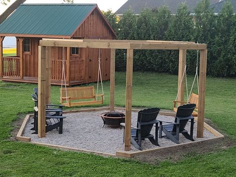 Porch Swings Around Fire Pit, Outside Fire Pit With Swings, Firepits Backyard With Swings, Diy Fire Pit Pergola, Bonfire Swings Fire Pits, Firepits With Swings, Octogon Swings Around Fire Pit, Pergola Ideas Fire Pit, Outdoor Fireplace With Swings