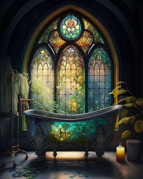 Stained Glass Bathtub, Stained Glass Bathroom, Gothic Luxury, Glass Bathtub, Gothic Bathroom, Storybook Homes, Gothic Windows, Fantasy Furniture, Fantasy Rooms