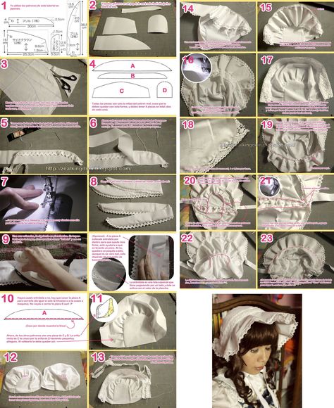 Lolita bonnet tutorial Egl Sewing Pattern, How To Sew A Bonnet, Sewing Templates For Clothes, Diy Bonnet, Bonnet Sewing Pattern, Bonnet Tutorial, Sewing Patterns Free Beginner, Cosplay Sewing, Sewing Projects Clothes