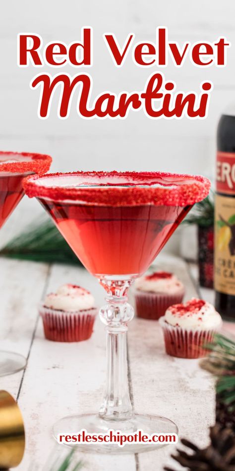 Red Holiday Cocktails, Red Martini, Cake Vodka, Easy Red Velvet, Restless Chipotle, Crimson Color, Red Cocktails, Martini Recipe, Custard Recipes