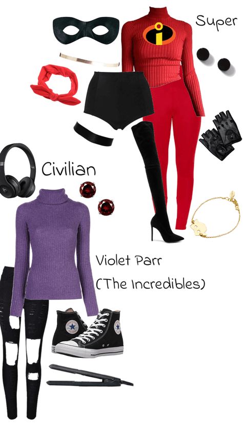 Disneybound Incredibles, Violet Parr Costume, Violet Parr Outfit, Incredibles Disneybound, Violet Incredible, Ideas For Converse, Movie Character Ideas, Leather Fingerless Gloves, Violet Parr