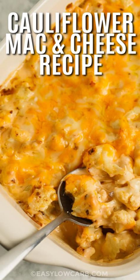 This Cauliflower Mac and Cheese Recipe is super savory and comforting, loaded with 4 kinds of cheese and baked in the oven with roasted cauliflower. This tasty entree is sure to become a new keto sensation, with its fantastic texture and flavors. Never miss out on homemade macaroni and cheese again with this perfect low carb version. #cauliflowermacandcheeserecipe #cauliflowermacaroniandcheese #recipeseasy #easylowcarb Keto Cauliflower Mac And Cheese, Cauliflower Mac And Cheese Recipe, Baked Cauliflower Casserole, Easy Roasted Cauliflower, Keto Mac And Cheese, Veggie Recipe, Bacon Cauliflower, Cholesterol Recipes, Easy Cheese Recipes