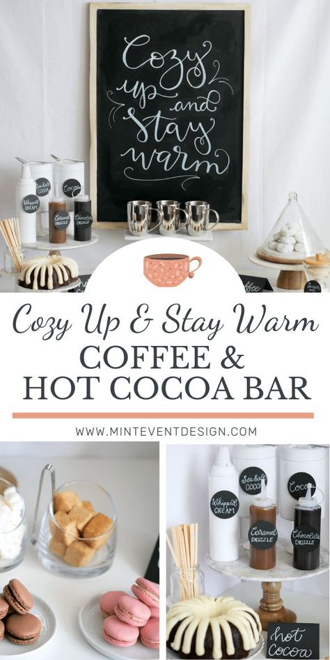 This coffee and hot chocolate bar is perfect for winter holiday parties or showers! With a variety of toppings, sweet treats, and the cutest chalkboard signs, this station is sure to entice guests to cozy up and stay warm. Get the details now at minteventdesign.com! Dessert And Coffee Bar, Coffee Tea Hot Chocolate Bar, Hot Drinks Station, Winter Coffee Bar, Coffee And Hot Chocolate Bar, Hot Chocolate And Coffee Bar, Coffee Hot Chocolate Bar, Birthday Party Coffee Bar, Coffee Bar Party Drink Stations