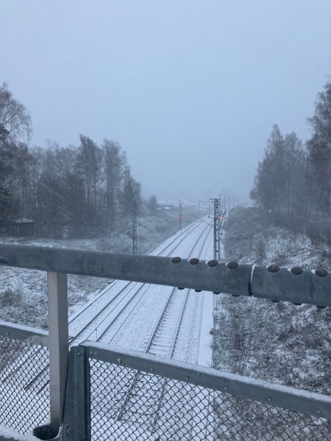 Snowy aesthetic, snow, snowing, traintracks, snowy winter, winter aesthetic, evening snow Snowy Train Tracks, Snowy City Aesthetic, Winter Town Aesthetic, Snowy Aesthetic, Snowy Town, Midnight Walk, Winter Train, Aesthetic Evening, Icy Weather