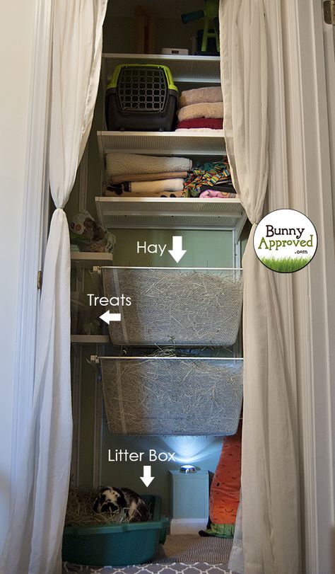 Indoor Hay Storage for Rabbits with the Ikea Algot System in a converted linen closet. Indoor Rabbit Hay Storage Ideas, Rabbit Storage Ideas, Bunny Hay Storage, Hay Storage Ideas Bunny, Rabbit Organization, Rabbit Hay Storage, Hay Storage Ideas, Bunny Habitat, Rabbit Farming