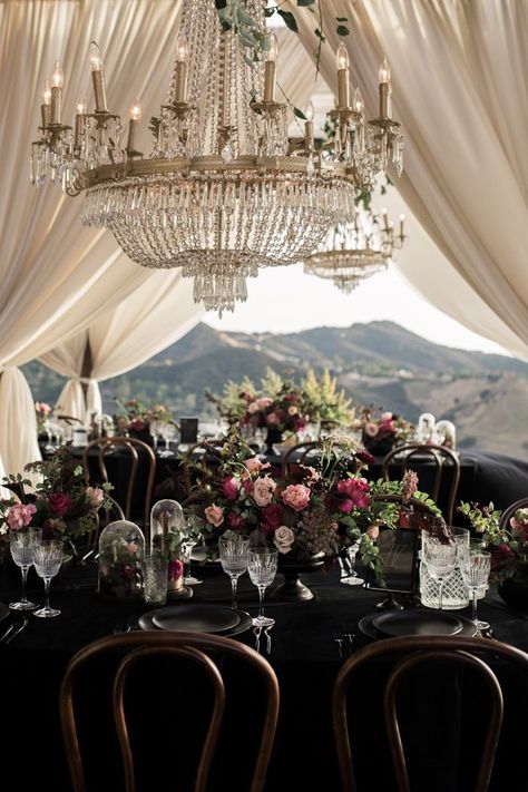 We Can't Decide Which We Love More - The Elegant Opulence or Epic Views in This Malibu Rocky Oaks Wedding | Junebug Weddings Black Cream And Burgundy Wedding, Black White Burgundy Wedding, Moody Maroon Wedding, Marsala Aubergine And Red Wedding, Bel Vino Winery Wedding, Malibu Rocky Oaks Wedding, Jewel Tone Color Palette, Malibu Rocky Oaks, Jewel Tone Colors