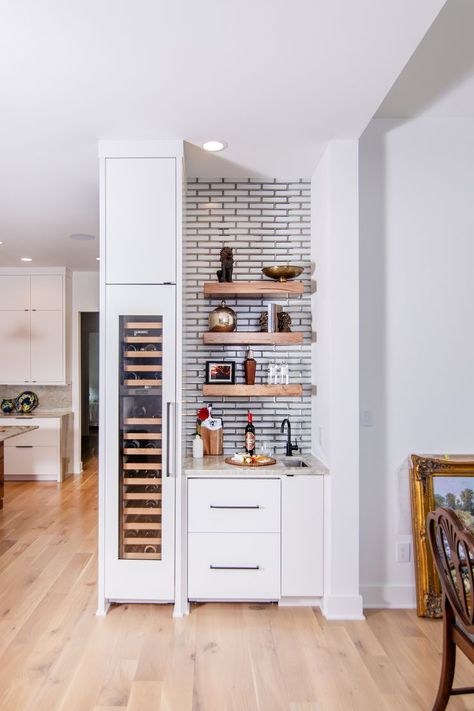 Dining Room Built In, Bar Nook, Built In Wine Cooler, Home Bar Rooms, Handrail Design, Folding Glass Doors, Frameless Cabinets, Cooler Designs, Beverage Center