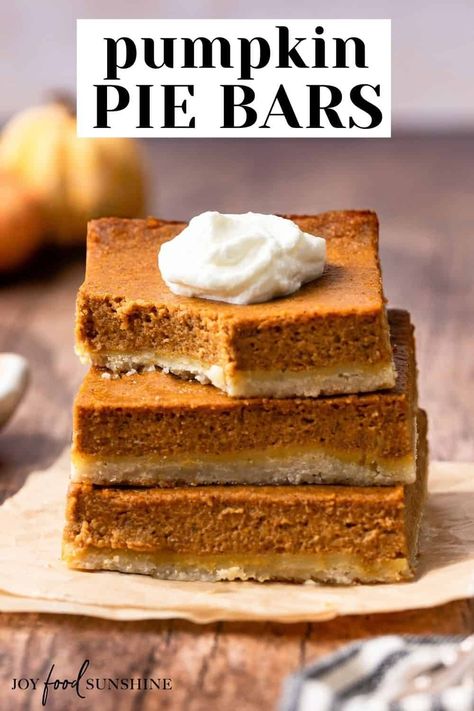 These pumpkin pie bars taste just like pumpkin pie but are even easier to make. A from-scratch pumpkin filling sits on top of a buttery shortbread crust for a delicious fall dessert. Healthy Pumpkin Pie Bars, 2 Ingredient Cakes, Healthy Pumpkin Pie, Pumpkin Pie Bars Recipe, Spice Cake Mix And Pumpkin, Classic Pumpkin Pie, Pumpkin Filling, Popular Desserts Recipes, Healthy Pumpkin Pies