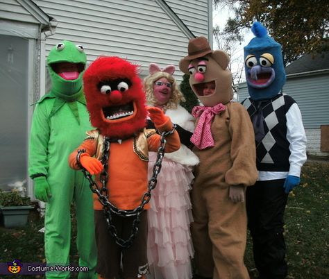 Lori: I always loved the muppets so I decided that for 2014 I would make our family the muppets. I picked the most recognized characters..Miss Piggy, Kermit the frog, Fozzie Bear,... Muppet Costumes, Kermit The Frog Costume, Phineas And Ferb Costume, Angry Birds Costumes, Baby Elmo, Halloween Costumes 2014, Frog Costume, Costume Works, Homemade Halloween Costumes