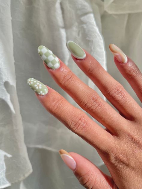 white floral/daisies, checkered, french tip, swirl Checkered Flower Nails, Checkered Gel Nails, Checkered French Tip, Tan And White Checkered Nails, Purple And White Checkered Nails, Sage Green Checkered Nails, Spring Checkered Nails, Green Checkerboard Nails, Wavy Checkered Nails