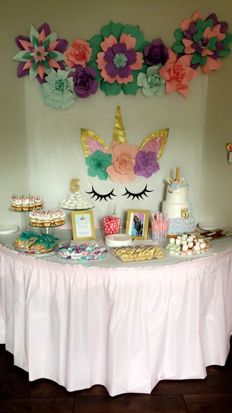 Unicorn candy table Unicorn Candy Table Ideas, Unicorn Party Table Set Up, Unicorn Birthday Party Candy Table, Unicorn Table Set Up, Unicorn Sweets Table, Unicorn Cake Table Decor, Unicorn Theme Candy Table, Unicorn Sweets, Candy Bar Table