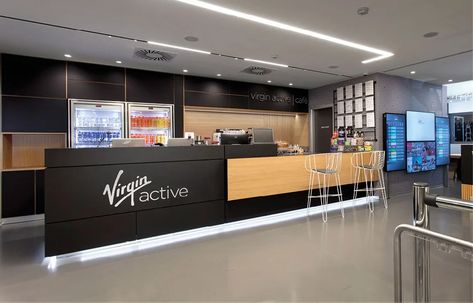 Fit Interiors | Reception areas and Bars Gym Cafeteria Design, Modern Reception Desk Design, Coffee Reception, Cafeteria Design, Reception Bar, Cafe Area, Modern Reception Desk, Reception Desk Design, Gym Lockers