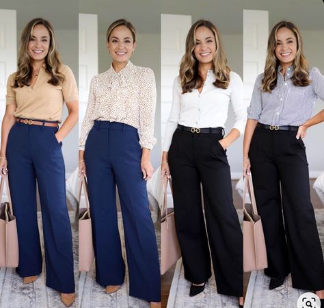 Formal Outfits For Petite Women, Navy Blue Work Outfit, What To Wear With Navy Pants, Wide Leg Pants Outfit Work, Blue Trousers Outfit, Blue Pants Outfit, Court Outfit, Pant Outfits For Women, Pants Outfit Work