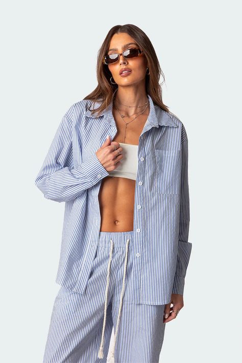 Oversized Pinstripe Button Up Shirt – edikted Visionary Fashion, Shirt Cuff, Crochet Crop Top, Cotton Pants, On Vacation, Perfect Shirt, S Models, Button Up Shirt, Denim Button Up