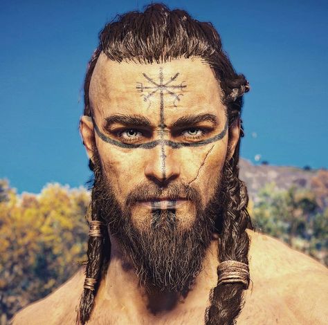 Viking Costume Ideas For Men, Mens Viking Halloween Makeup, Viking Men Outfit, Viking Eye Makeup Men, Mens Viking Costume Makeup, Viking Man Outfit, Viking Body Painting, Viking Designs Tattoo, Viking Warrior Face Paint