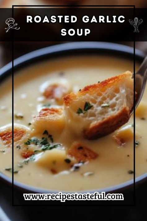 This creamy Roasted Garlic Soup is rich in flavor and perfect for cozy meals. With deep, savory notes from roasted garlic and a hint of thyme, it’s an ideal starter or main dish, especially when paired with crusty bread. Roast Garlic Soup, Roasted Garlic Chicken Soup, Creamy Garlic Soup Recipe, Roasted Chicken And Garlic Soup, Country Garlic Soup, Garlic And Onion Soup, Garlic Cream Soup, Cream Of Garlic Soup, Garlic Soup Recipe Roasted