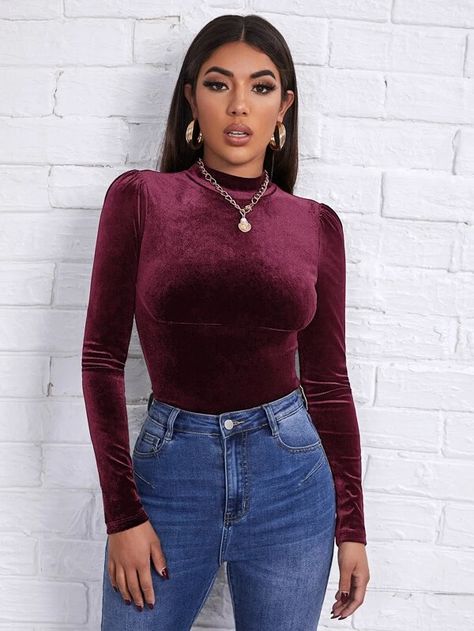 SHEIN Mock-neck Solid Velvet Tee for Sale Australia| New Collection Online| SHEIN Australia Velvet Crop Top Outfit, Velvet Tees, Top Shein, Velvet Top, Suspender Dress, Women T Shirts, Work Wardrobe, Velvet Tops, Shein Tops