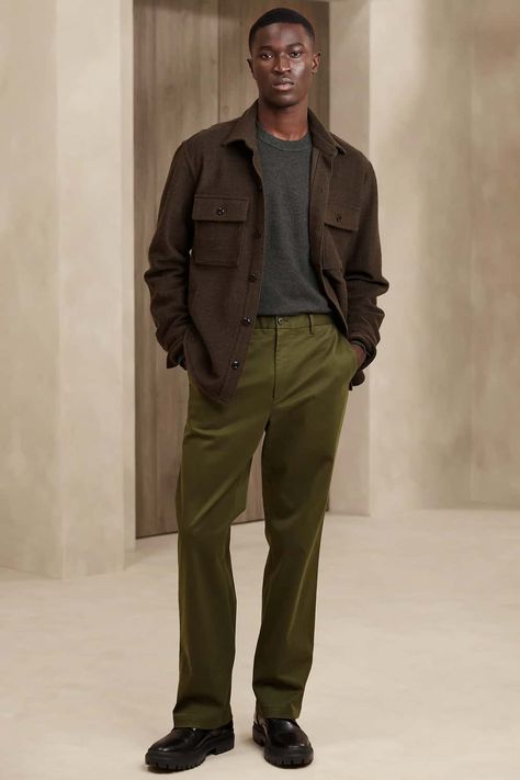 Olive Pants Outfit Men, Chunky Black Boot Outfits, Olive Pants Outfit, Olive Green Pants Outfit, Green Pants Men, School Performance, Male Aesthetic, Shacket Outfit, Chunky Black Boots