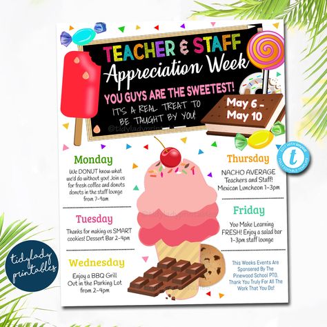 "This fun and candy sweet theme teacher appreciation itinerary flyer is great to show your appreciation to teachers during appreciation week!  *ALL TEXT IS EDITABLE - MAKE IT READ WHATEVER YOU WISH FULL EDITING OPTIONS WITH TEMPLETT! TRY THE DEMO NOW - Just copy and paste this url: https://templett.com/design/demo/TidyLady19/11912218 Note:  THIS IS A DIGITAL PRODUCT. NO PHYSICAL ITEM WILL BE SENT TO YOU. * Watermark will not appear on your files 💻Edit in your browser after purchase with Templet Teacher Appreciation Week Themes 2023, Paraprofessional Appreciation, Pta Mom, Teacher Appreciation Week Themes, Teacher Appreciation Themes, Pta Ideas, Schedule Of Events, Staff Appreciation Week, Teachers Appreciation