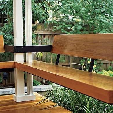 Built In Wood Bench Outdoor, Deck Bench Seating With Back, Balcony Bench Seating, Bench Railing, Creative Bench, Deck Bench Seating, Porch Railing Ideas, Back Porch Makeover, Porch Seating