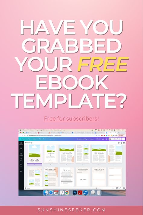 Ombre background going from light pink to purle, top to bottom. White text: Have you grabbed your free ebook template? Free for subscribers. Below title: screenshot of the 15-page lead magnet template inside Canva. Lead Magnet Template, More Instagram Followers, Business Model Canvas, Ebook Design, Email Marketing Template, Workbook Template, Email Marketing Design, Email Marketing Campaign, Ebook Template