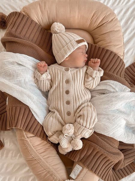 Baby Knitwear | Little B's Nursery Winter Clothes For Newborns, Newborn Knitted Outfits, Newborn Winter Outfits, Beige Mom, Ribbed Romper, Honey Milk, Winter Newborn, Milestone Pictures, Pram Toys