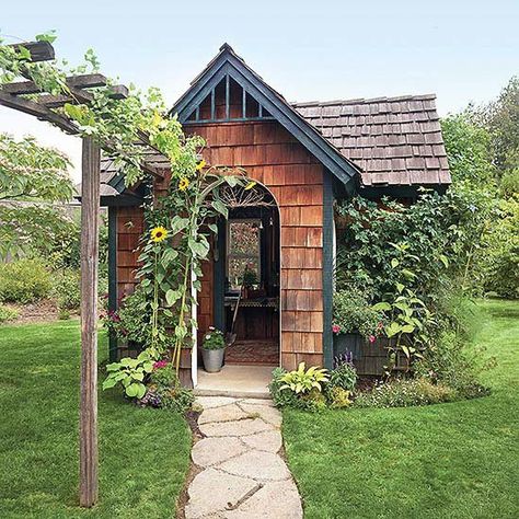 Garden Shed Plans Sheds Ideas, Potting Plants, Shed Playhouse, Cottage Garden Sheds, Cedar Shingle, Backyard Escape, Potting Benches, Green Houses, Pretty Garden