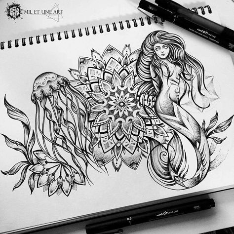 Back tattoo commission for Mel <3 #miletune Drawing A Mermaid, Mandala Drawing For Beginners, Mermaid Mandala, Mandala Art Drawing, Ocean Theme Tattoos, Mermaid Sleeve Tattoos, Sea Life Tattoos, Witchcraft Tattoos, Draw Mandala